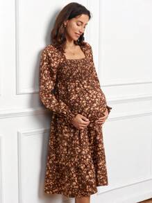 SHEIN 秋季孕妇休闲花卉印花连衣裙