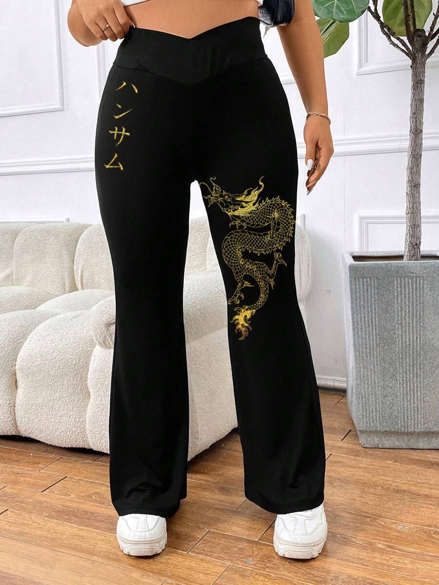 SHEIN EZwear 大码女式高腰龙日文文字印花十字设计喇叭腿紧身裤，适合春秋季节 - 黑色 - 查看 1