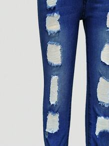 Young Girl Light Washed Blue Distressed Ripped Elastic Skinny Jeans, Fashionable & Minimalist - Dark Wash - View 4