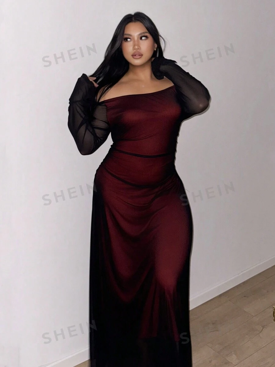 Firerie Elegante vestido de sirena de manga larga, semitransparente, con hombros descubiertos y superposición de malla. Apropiado para fiestas, celebraciones, citas y eventos formales. Estilo vintage elegante y sensual. - Multicolor - Ver 1