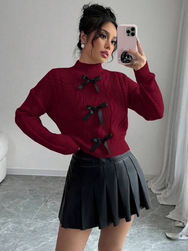 Elenzga Pulover cu fundă franceză tricot moale și gros pentru femei, pulover dulce cu mânecă lungă pentru iarnă