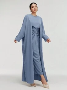 Veilorie 2 件套：女士优雅纯色蝙蝠袖前开夹克和腰部扭结连衣裙，秋春 2 件套适度 - 淺藍色 - 查看 4