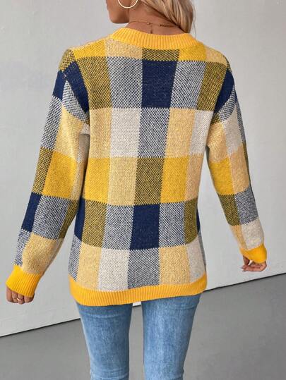 EMERY ROSE Women's Plaid Round Neck Drop Shoulder Long Sleeve Casual Pullover Sweater, Autumn/Winter Knit Pullover Fall