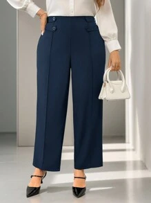 Firerie Pantalones rectos elegantes de pierna en forma de palillo con diseño de botón en la cintura para mujeres de talla grande de un solo color