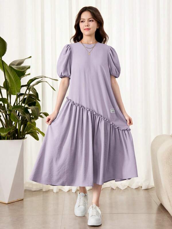 SHEIN Teen Girls Woven Solid Color Patchwork Label Loose Casual Bubble Short Sleeve Dress Holiday Outfits