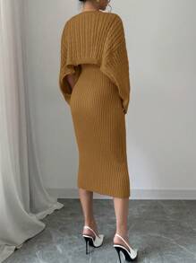 Calvaya 2pcs Set: Twist Floral Pullover Sweater + Dress, Women Sexy & Slim Crew Neck Sweater Dress