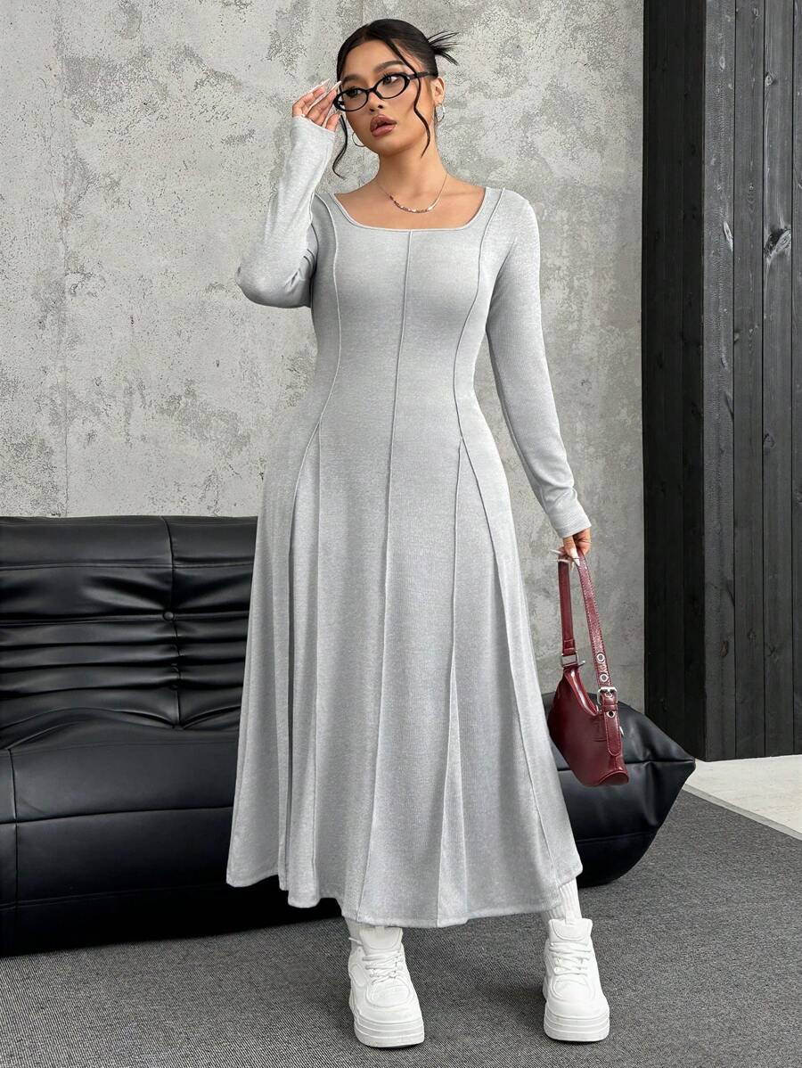 SHEIN EZwear 秋季大码女式纯色方领长袖牙签条纹设计休闲连衣裙 - 灰色 - 查看 1