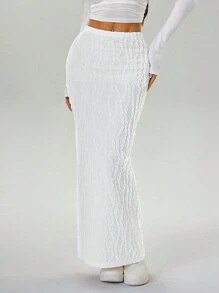 SHEIN EZwear 1 件女士纯色针织中长铅笔裙，优雅合身 - 白色 - 查看 3