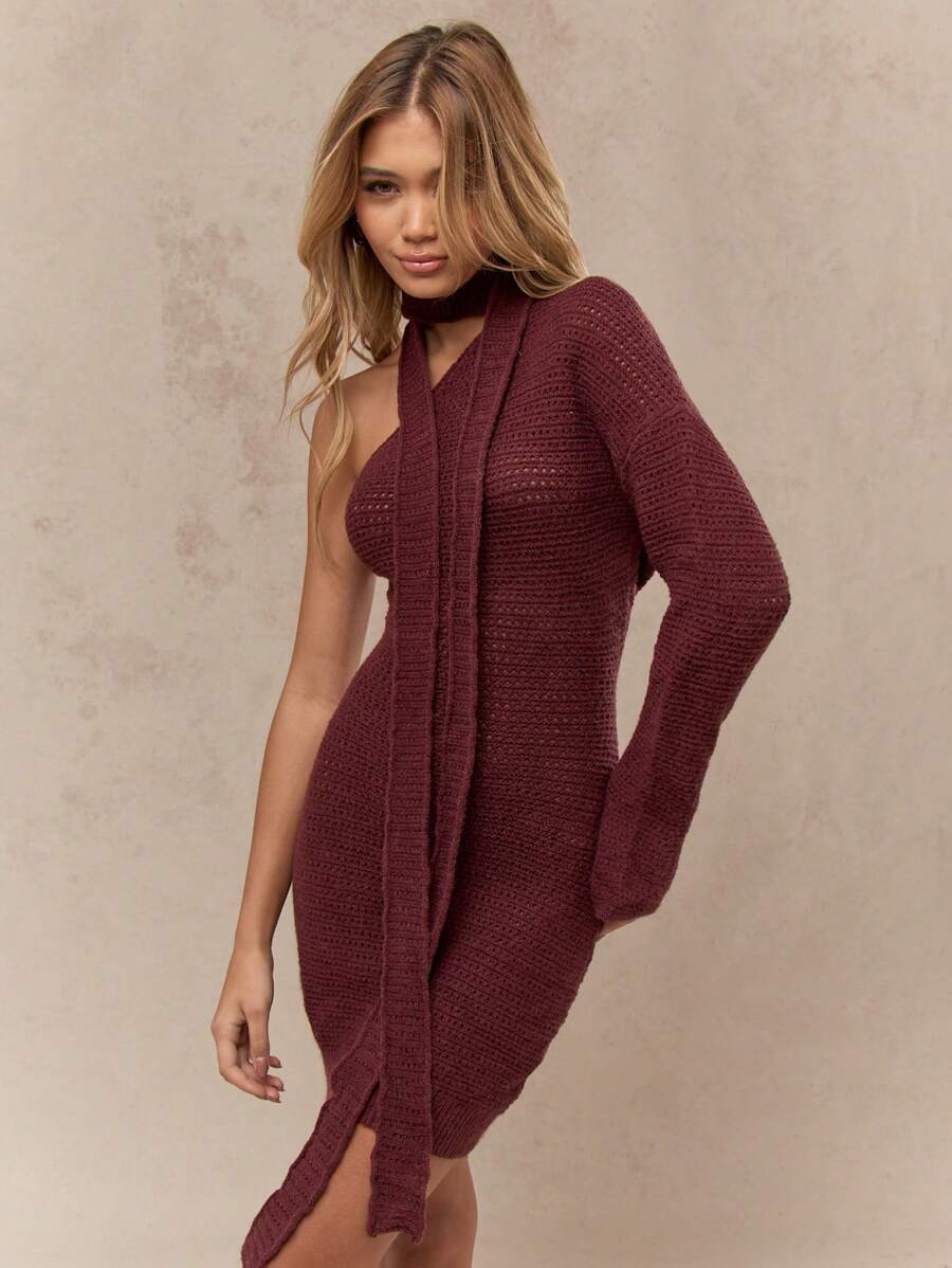 chunky knit mini dress boohoo Women's Petite Chunky Knit Bardot Mini Dress in Chocolate | Size: Large