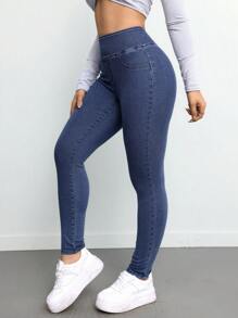 SHEIN Tall Women Stretch Blue High Waist Skinny Jeans - Dark Wash - View 3