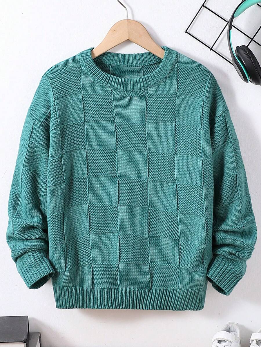 Tween Boy Casual Solid-Color Unique Textured Knit Sweater, Autumn/Winter - Green - View 1