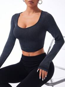 Easithlete Easithlete Casual Solid Color Slim Fit Cropped Long Sleeve Sports T-Shirt - Black - View 4