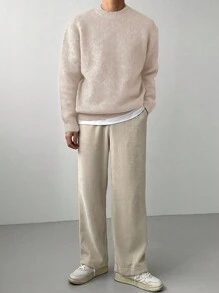 DAZY 男士纯色圆领休闲套头毛衣，百搭长袖，秋季 - 卡其色 - 查看 3