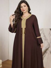 Al Najma Plus Size V-Neck Pullover Contrast Color Long Sleeve Dress Kaftan Jalabiya Dress - Rust Brown - View 4