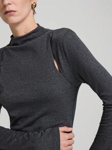 Ontre 深灰色立领长袖镂空 T 恤，春夏分层内衣，独特迷人修身女式上衣，休闲舒适时尚百搭，适合新年 - 灰色 - 查看 2