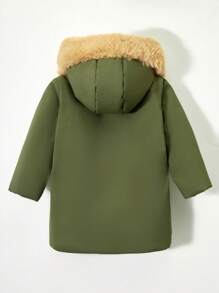 SHEIN Baby Boy Casual Everyday Versatile All-Match Thick Long Warm Padded Padded Coat With Detachable Fur Collar, Suitable For Autumn/Winter - Dark Green - View 2