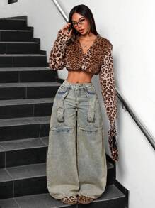 SHEIN PETITE Women's Fashionable Versatile Washed Denim Wide Leg Jeans - Light Wash - View 5