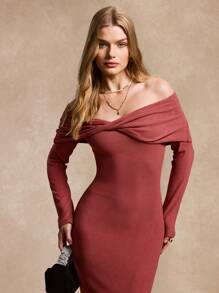 SHEIN Unity Gaun Rajut Slim Fit Wanita dengan Bahu Terbuka - Rusty Rose - View 4