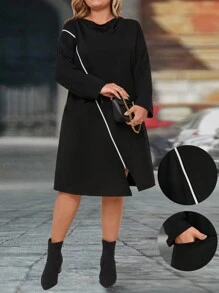 SHEIN LUNE Plus Size Spring And Autumn Pile Collar Zipper Casual Dress - Black - View 1