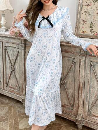 CottageSlumber Nachthemd met bloemenkant en strikversiering voor dames, babydoll, perfect voor de zomer, Moo Moo, herfst