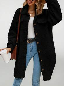 SHEIN Tall Casaco Teddy com detalhe de aba e ombro caído para outono/inverno - Preto - Ver 3