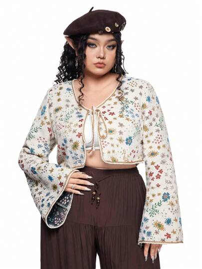 Blusa estampada con manga larga y atar por delante, uso casual diario para mujer de talla grande