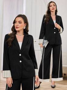 Modelyn Women Solid Color Woven Jacket With Black & White Striped Panels, Autumn/Winter
