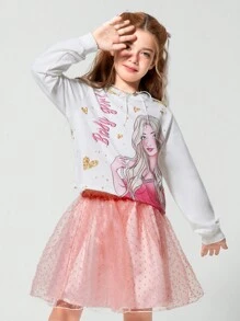 SHEIN Explorewe Tween Girls Autumn Letter & Cartoon Character Print Long Sleeve Top And Net Mesh Skirt 2pcs Set, Cute - Pink - View 1