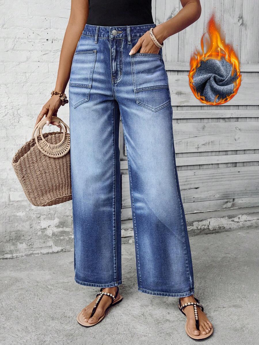 SHEIN LUNE Color Blocking Pocket Casual Versatile Wide-Leg Jeans Thickened Denim - Blue - View 1