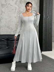 SHEIN EZwear 秋季大码女式纯色方领长袖牙签条纹设计休闲连衣裙 - 灰色 - 查看 3