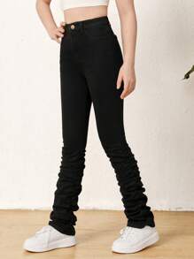 SHEIN Vaqueros Apilados De Color Liso Para Chica Adolescente