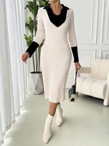 Chiquease Women's Solid Color Patchwork Long Sleeve Casual Long Dress Fall Cloth For Women - Apricot - View 4
