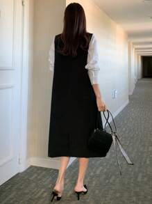 DAZY Vestido elegante de mujer con cuello en V sin mangas y botones, y chaleco, ropa de otoño