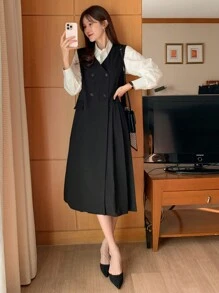 DAZY Vestido elegante de mujer con cuello en V sin mangas y botones, y chaleco, ropa de otoño