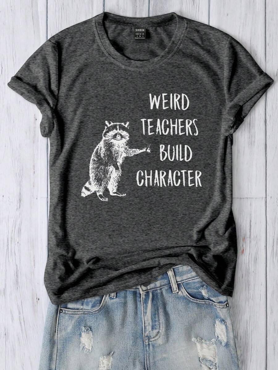 SHEIN LUNE 女士休闲浣熊图案修身 T 恤 图案 T 恤 女士上衣 - 深灰色 - 查看 1