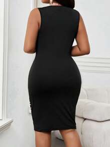 SHEIN Lady 优雅时尚的荷叶袖修身中长连衣裙，适合办公室穿着，尺码齐全。 - 黑色 - 查看 2