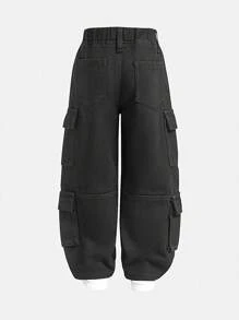 SHEIN Quần ống đứng denim ống đứng dáng rộng có túi đơn giản, thoải mái cho bé trai, trang phục thường ngày đa năng cho bé trai thành thị - màu đen - Xem 2