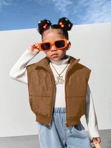 SHEIN Explorewe Áo ba lỗ crop top không tay, dáng rộng thoải mái, khóa kéo cho bé gái, phong cách đường phố sang trọng, tối giản - màu nâu - Xem 7