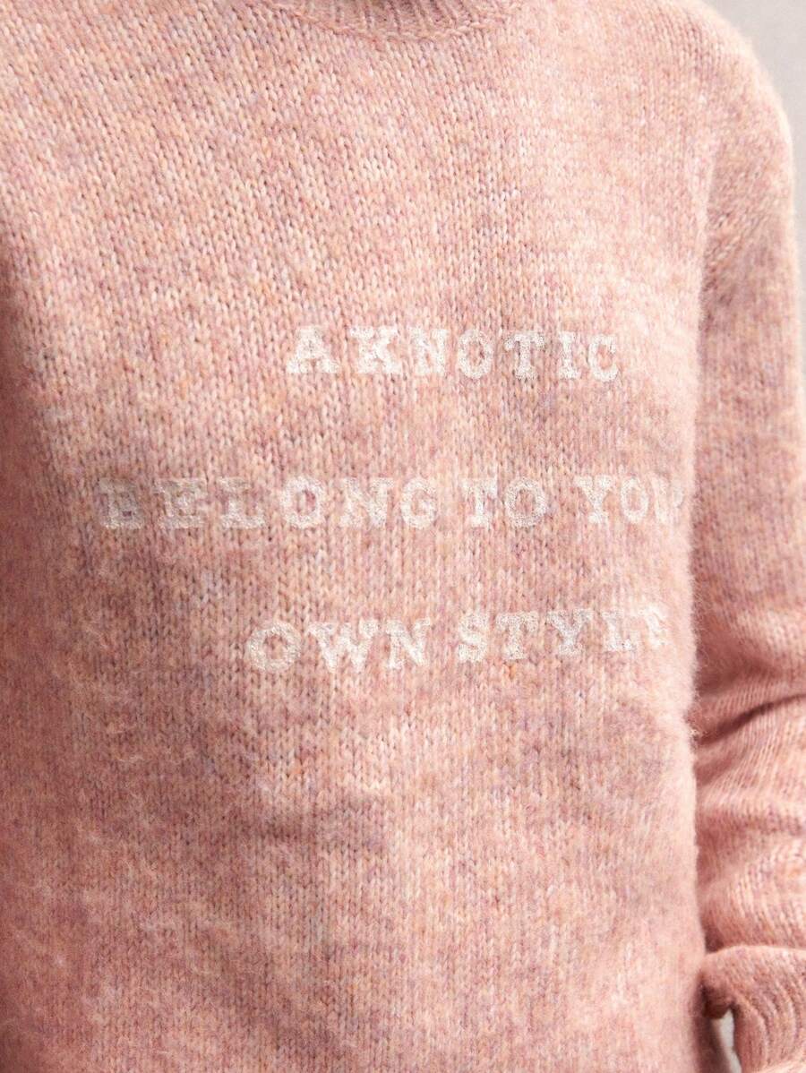 AKNOTIC Business Casual 男士粉色针织圆领字母印花长袖柔软毛衣，适合休闲装、秋冬季、圣诞节 - 粉色 - 查看 1