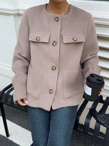 SHEIN Essnce Winter Women's Solid Color Style Blended Short Coat Single-Breasted Large Pocket Long-Sleeved Jacket Suitable For Daily Travel And Commuting
