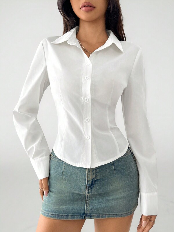 SHEIN PETITE Camisa básica de manga larga informal con cintura recogida