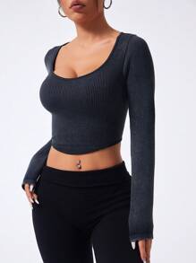 Easithlete Easithlete Casual Solid Color Slim Fit Cropped Long Sleeve Sports T-Shirt - Black - View 6