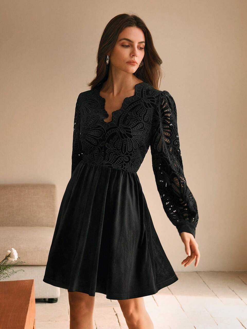 New Year V-Neck Embroidered Patchwork Long Sleeve Elegant Dress, Fashionable Outfit For Women, Autumn/Winter