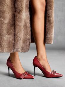 CUCCOO SZL 女士尖头细高跟鞋时尚带扣酒红色派对/晚装高跟鞋，适合圣诞节、新年晚宴、约会 - 酒紅色 - 查看 5