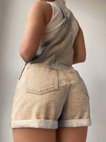 SHEIN Frenchy 女式休闲百搭牛仔背带短裤，带口袋 - 棕色 - 查看 2
