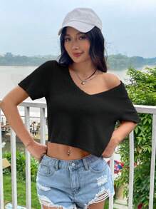 SHEIN EZwear 夏季熱門粉紅色窩紋短袖上衣 - 黑色 - 查看 6