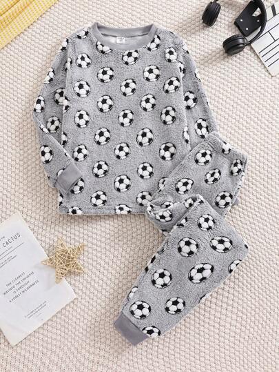 SHEIN 2pcs Tween Boys' Fleece Soft & Comfortable Football Print Long Sleeve Top And Pants, Casual Sports Home Suit, Autumn/Winter