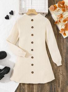 Tween Girl 休闲优雅简约高领罗纹针织长袖 A 字型正面纽扣毛衣连衣裙，杏色，秋冬 - 杏色 - 查看 3