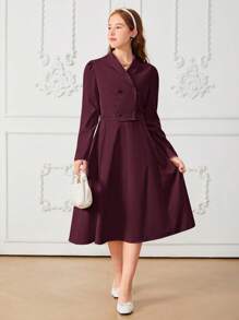 2pcs/Set Teenage Girls Elegant Short Lapel Double-Breasted Blazer Jacket & High Waisted Long Skirt