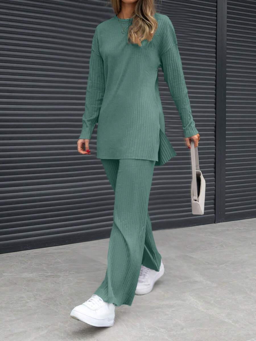 EURMUSE Women 2 Pieces Casual Set - Round Neck Drop Shoulder Long Sleeve Top With Side Slit Hem And Pants, Autumn Day Time Everyday Green - Olive Green - View 1